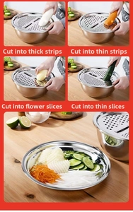 Detail of multi-functional stainless steel grater set showing four different slicing modes