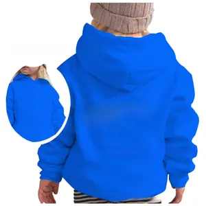 Detail view of the positive message and ribbed cuffs on this blue children's hoodie