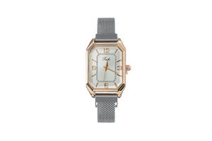 Detail of square rose gold quartz watch with silver Milanese mesh strap and white dial