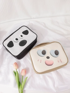 Detail of waterproof PU cartoon makeup bags with puppy and smile face designs