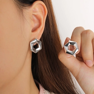 Minimalist 18k gold plated stainless steel hexagonal hollow earrings for women