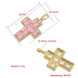 Pink cubic zirconia cross pendant details with size measurements 32mm x 18.5mm