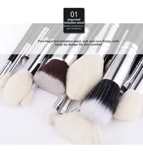 Detail of synthetic wool makeup brushes featuring wavy soft bristles and silver ferrule