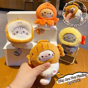 Squeaky Coco Cat plush keychain set featuring bread and shrimp costumes on white display