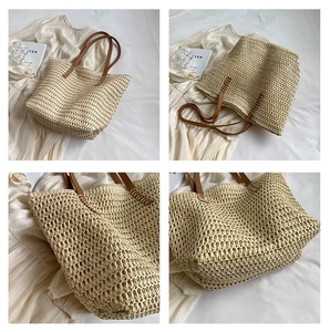 Detailed close-up of straw tote bag weaving and leather strap stitching in quad grid view