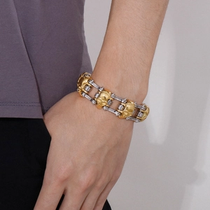 Men's hip-hop gold and silver skull head link bracelet in punk rock biker style