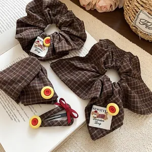 Retro Checkered Fabric Hair Clip And Scrunchie With Bow Yellow Button Decor Cute Dog Label Korean Style Women Accessory
