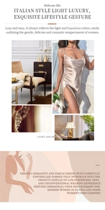 Détails de la robe nuisette en satin champagne avec fente latérale et fini soyeux