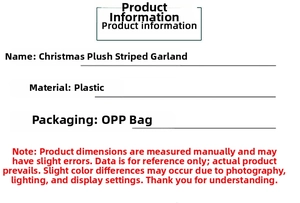 Product specifications for Christmas tinsel wreath made of plastic in OPP bag packaging