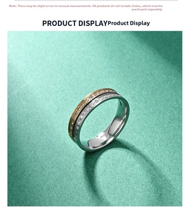 Detail view of two-tone titanium steel band ring with pave-set shimmering zircon stones