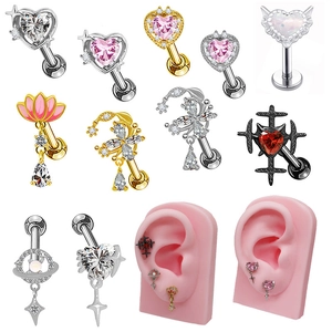 Heart Zircon Cartilage Stud Earring Titanium Steel Lip Ring Body Piercing Jewelry Star Cross Planet Style