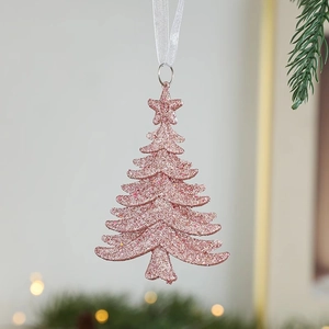 Pink glitter Christmas tree ornament with white silk ribbon for festive tree decoration
