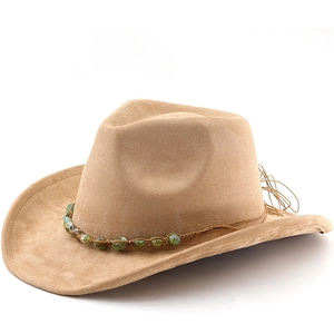 Western Cowboy Hat Faux Suede Bohemian Beaded Band Wide Brim Retro Outdoor Sun Protection For Men Women