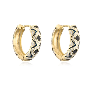 Detail of 18K gold plated hoop earrings with colorful geometric drip oil patterns