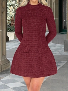 Detailed back view of a wine red tweed mini dress with classic A-line cut and pockets