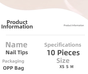 Detailed size guide for 10-piece press-on nails in XS S M with OPP bag packaging