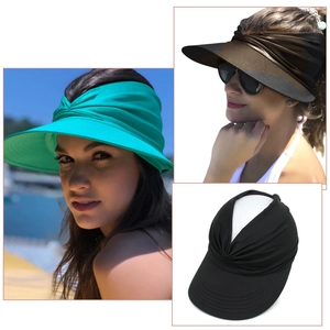 Women's pleated sun visor cap with open top design in green, brown and black colors