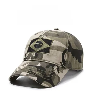 Detailed view of camouflage baseball cap with Brazil flag embroidery and neat brim stitching