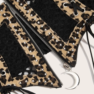 Women leopard print wide corset belt with mesh details, studs, and crescent moon zipper