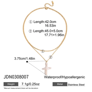 Detailed dimension chart of double layer stainless steel necklace with pearl cross pendant