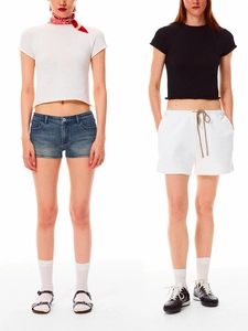 Minimalist knit cropped t-shirt with rolled edges in black and white styles