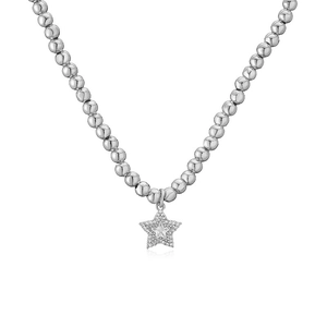 Silver beaded star pendant necklace with shimmering zircon inlay on a white background