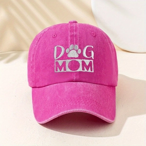 Stylish pink washed cotton baseball cap with white Dog Mom embroidery and paw print