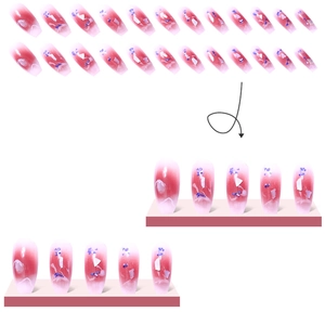 Pink gradient long coffin press-on nails with marble texture and iridescent sequins