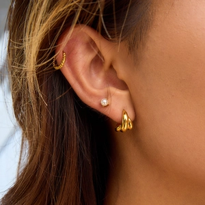 Classic 18K gold plated stainless steel triple hoop earring set with pearl stud and ear cuff