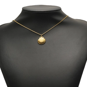 Minimalist gold stainless steel shell pendant necklace displayed on black neck model