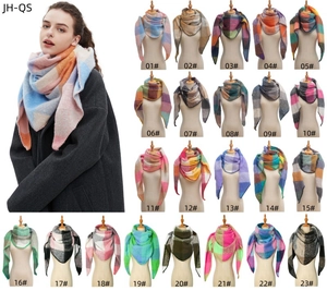 Detailed catalog showing twenty-three color variants of soft plaid triangle scarves for winter