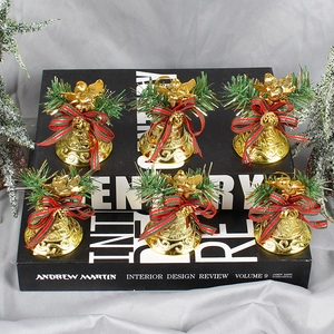 Christmas Golden Bell Hanging Ornaments With Angel Figurine Plaid Bow Pine Needles For Holiday Tree Decoration