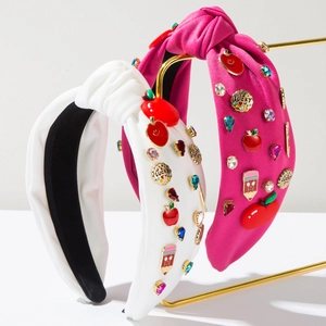 Fashion Knotted Fabric Headband With Red Apple And Pencil Patterns Rhinestone Lucky Charm Hair Accessories For Women School