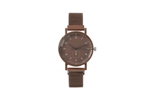 Close-up of brown minimalist quartz watch with Milanese mesh band and small sub-dial