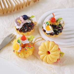 Set of 4 realistic strawberry doughnut and cake pendants with golden bead chains