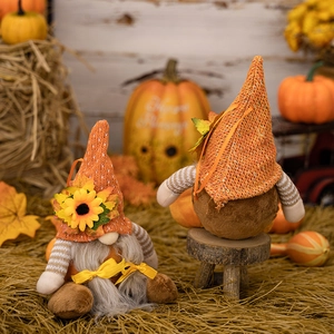 Autumn gnome plush set with orange knit sunflower hats for Thanksgiving home decor