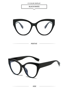 Detailed views of black cat-eye eyeglass frames from positive and side angles