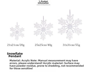 Three sizes of acrylic snowflakes 21cm to 31cm with white glitter finish details