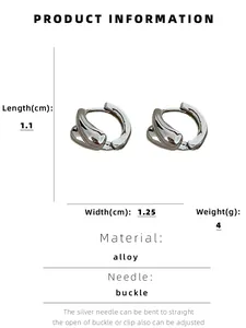Size guide for geometric hoop earrings with dimensions 1.1cm by 1.25cm and alloy details