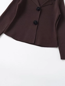Détail de la veste en maille marron foncé avec boutons floraux noirs et revers chic
