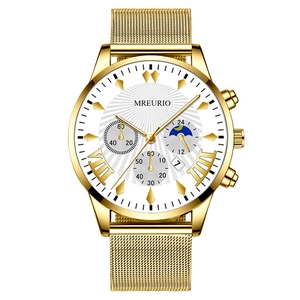 Classic gold men's watch with white sunray dial and stainless steel mesh band