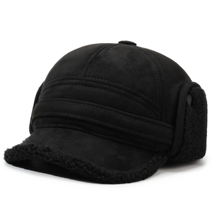 Winter thermal earflap baseball cap in black suede with plush faux shearling lining