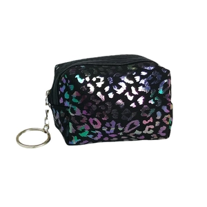 Chic holographic leopard print mini pouch with silver keychain and secure black zipper