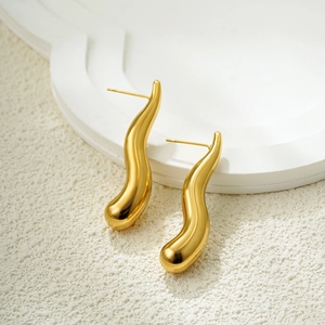 Polished 18K gold plated stainless steel teardrop earrings with a sleek wave design