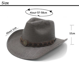 Size details of gray woven cowboy hat with 57-58cm head circumference and 8cm brim width