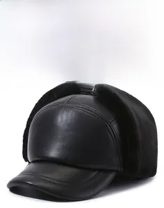 Detail of black leather ear flap hat with thick thermal plush lining for winter warmth