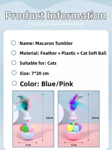 Detail view of macaron tumbler cat toy with feather, soft ball, and 7x20cm dimensions
