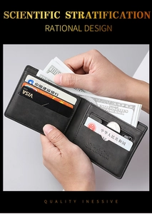 Detailed interior of a men's black leather wallet showing multiple card slots and cash