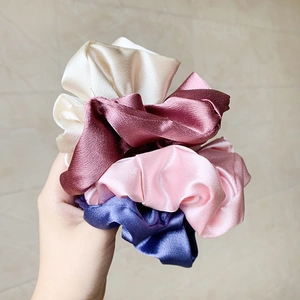 Set of four satin oversized scrunchies in cream, wine red, pink and navy blue silk texture