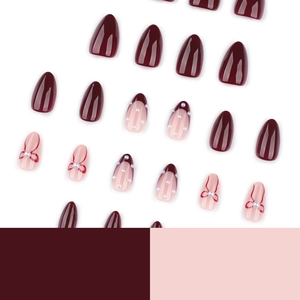 Kit de faux ongles amande rouge vin avec perles et motifs de nœuds élégants